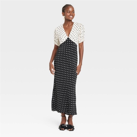 Women's Crepe Puff Short Sleeve Midi Dress A New Day Black/White Polka dot new - Picture 1 of 7